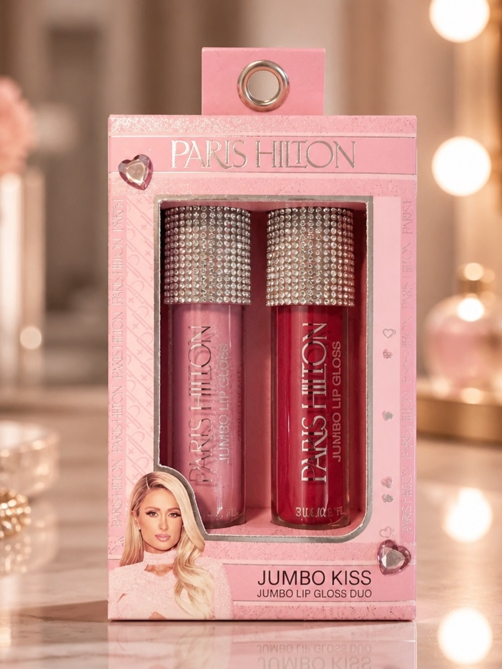 Paris Hilton Jumbo Kiss Lip Gloss Duo Pink & Red Rhinestone